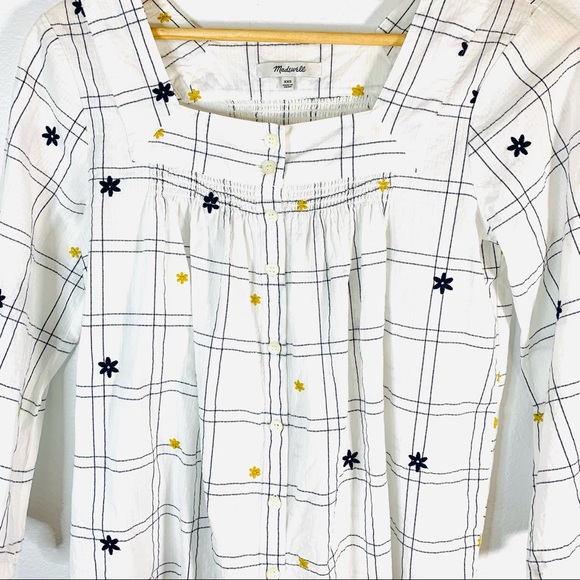 Madewell Tunic Embroidered Windowpane Square Neck Button Down Top XXS Cotton - Picture 4 of 7